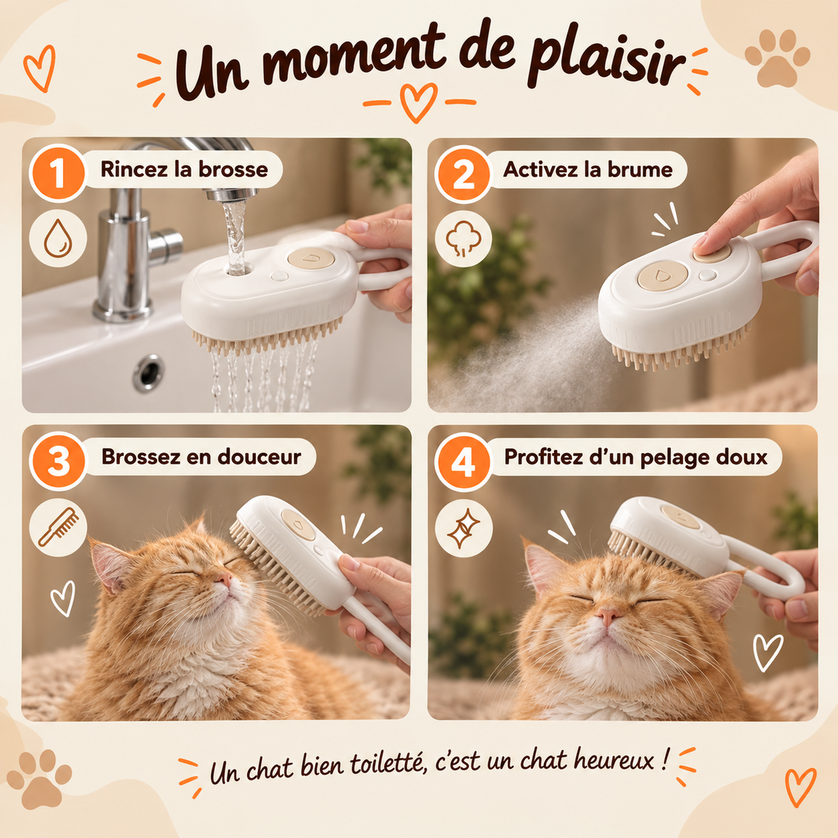 Brosse à Vapeur pour Chat — Toilettage Doux & Sans Effort